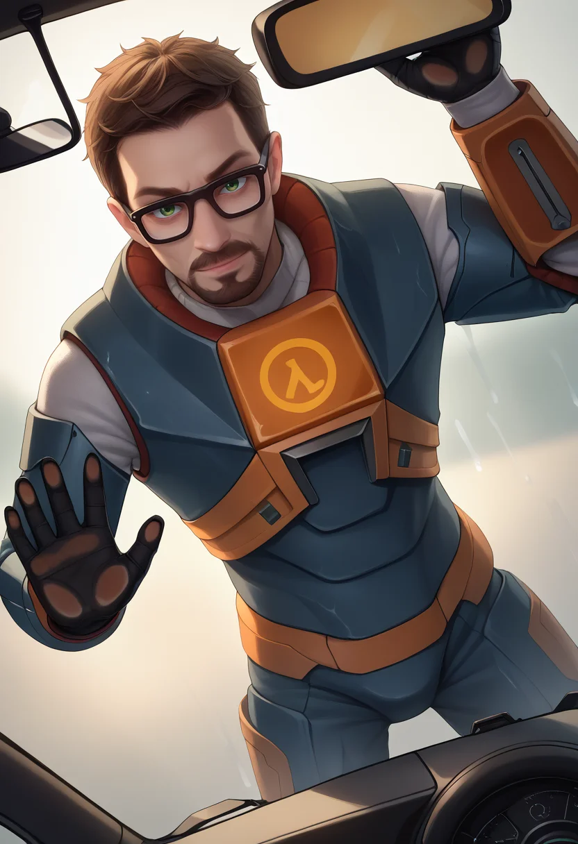 score_9, score_8_up, score_7_up, BREAK, <lora:povagainstcar-guy-PONYv1:1>, povagainstcar, against glass, 1boy, solo, <lora:gordonfreeman-hl-richy-v1_pdxl:1> gordonfreeman, brown hair, short hair, facial hair, glasses, green eyes, power armor