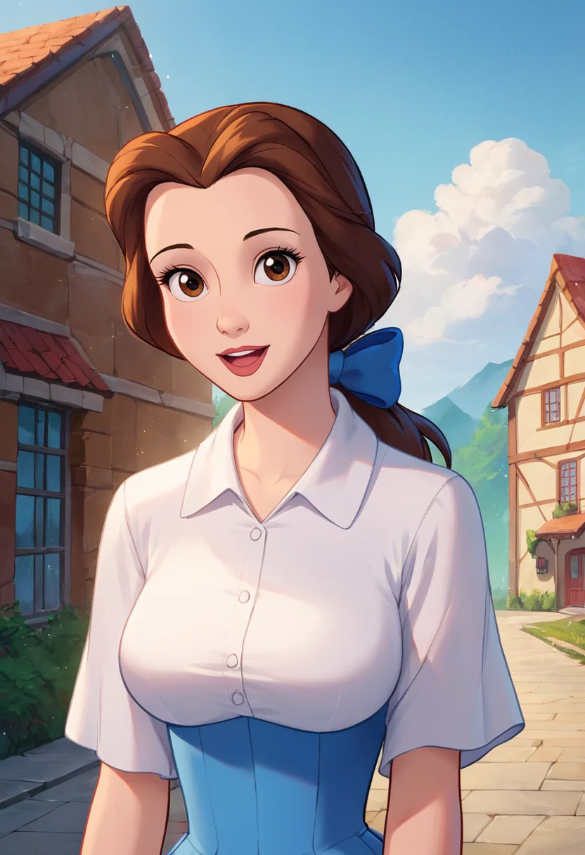 PonyXLV6_Scores ,source_anime, masterpiece,best quality, highly detailed,<lora:xl_more_art-full_v1:0.8>,cinematic,
BREAK
<lora:belle:0.8>belle,1girl, solo, brown hair, shirt,brown eyes, smile, white shirt, looking at viewer, upper body, outdoors, bow, ponytail, open mouth, long hair, hair bow, blue dress, blue bow, dress,parody,large breasts,