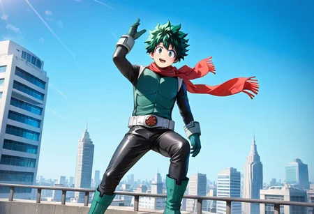 score_9,score_8_up,score_7_up,score_6_upanime BREAK (masterpiece, highest quality, 4k:1.2), izuku midoriya, 1 boy, green hair, marked body, half body, detailed, Kamen Rider suit, black bodysuit, male focus, alone, belt, city background, dark green boots, green abdominal armor, dark green gloves, red scarf on neck, no helmet, standing, outdoors.
