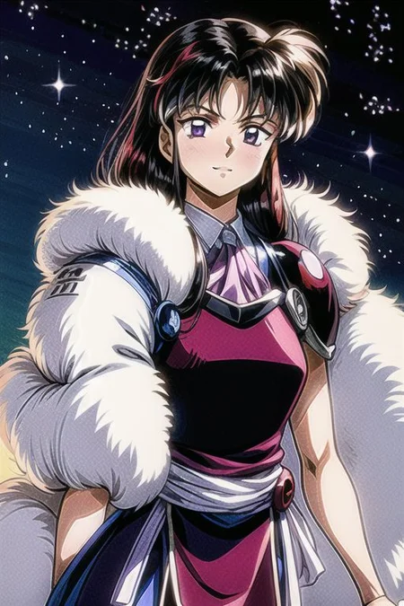 best quality 1girl Setsun4 solo long hair, (night time) forest background black hair very long hair purple eyes multicolored hair armor, small, (fur trim) (medium body),<lora:EMS-179-EMS:0.800000>,<lora:EMS-293862-EMS:0.800000> bow, hair_bow, hair_tubes, red_bow, brown_hair, long_hair, bangs, ascot, frilled_bow, yellow_ascot, blush, smile, hair_between_eyes, athletic, armor, miko, Smiling, happy,