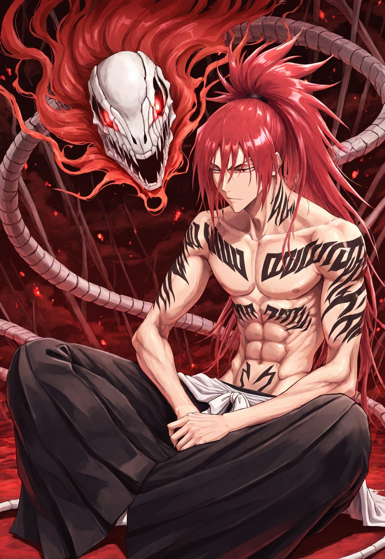 masterpiece, best quality, amazing quality, very aesthetic, absurdres, newest, detailed background, renjiBleach, 1boy, solo, red hair, long hair, high ponytail, tattoo, no shirt, skinny, muscular, hakama, bankai, zabimaru, skeletal snake, sitting, indian style, meditating