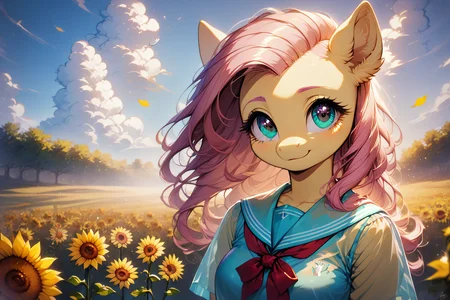 score_9,score_8_up,score_7_up,anthro pony:1.1,fluttershy,solo,1girl,medium breasts,outdoor,MegaFluffyPony,fluffy,<lora:detailed_hands:1>,<lora:Pony_DetailV2.0:1>,zPDXL2,<lora:Realistic000003_1_2.5DAnime_0.05_Merge1:0.5>,<lora:MegaFluffyPony:0.5>,<lora:Anime Summer Days 2 Style SDXL_LoRA_Pony Diffusion V6 XL:0.5>,sunflower field,look at you,(upper body view:0.6),(blue sky:0.7),the beautiful cloud,the time of the morning,school uniform,wallpaper,<lora:_sdxl-transchool-pony:1>,transchool,(hair fluttering:0.6),(the wind is blowing:0.7),(flying petals:0.3),meticulous eyes,