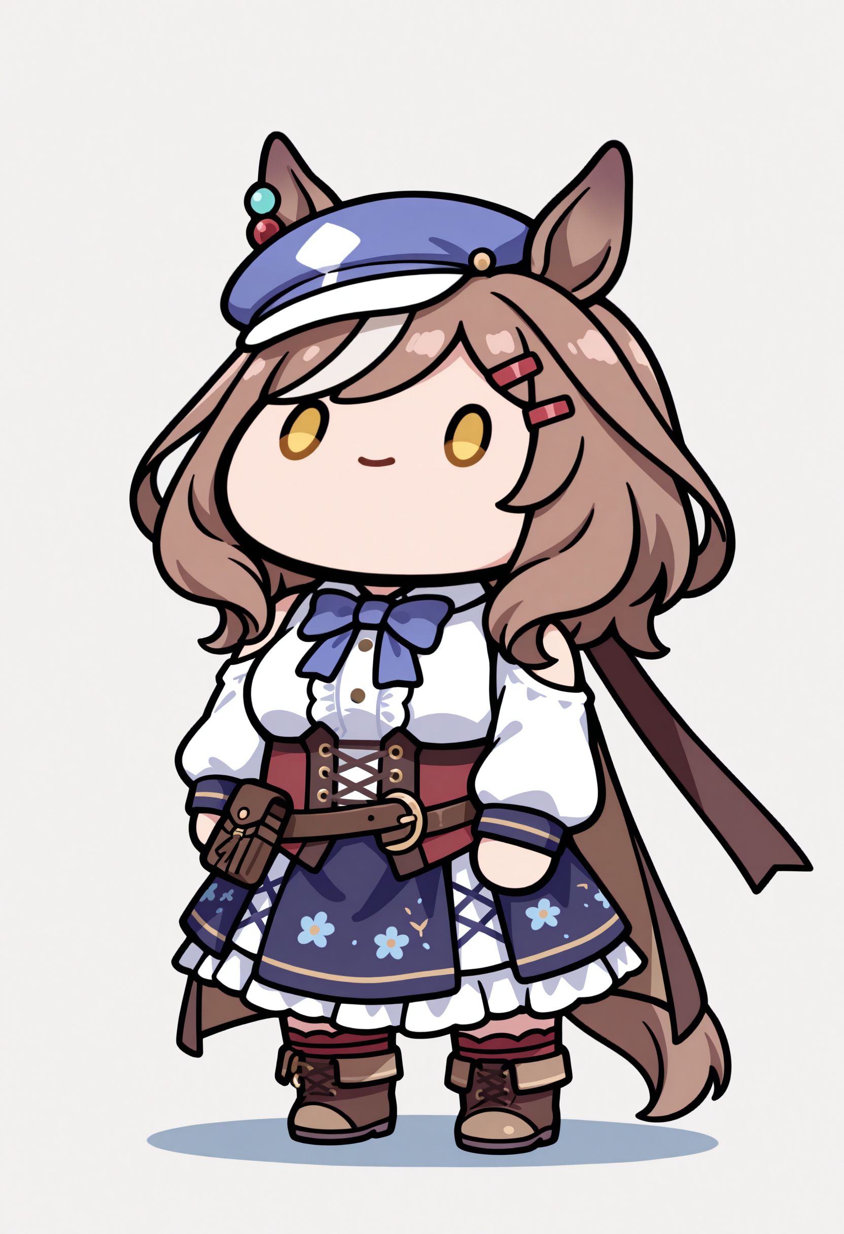 masterpiece, best quality, amazing quality, very awa,absurdres,newest,very aesthetic, looking at viewer,
, solid oval eyes, chibi1girl,  <lora:style_superappleman_noobAIXL11EPS-GLoRA:1> chibi || solid oval eyes, 
 <lora:Matikane Tannhause illu v3:1> 1girl, medium breasts, yellow eyes, white hair, multicolored hair, medium hair, streaked hair, animal ears, horse ears, horse tail, blue headwear, cabbie hat, ears through headwear, hair ornament, hairclip, blue bow, clothing cutout, shoulder cutout, long sleeves, brown cape,, white shirt, puffy sleeves, center frills, frills, corset, blue bowtie, belt pouch, blue skirt, frilled skirt, boots, red socks, brown footwear