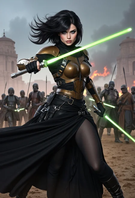 Illustration combining oil-canvas and semi-realistic comic-book style image with a Star Wars theme, star wars style, mythp0rt, Pale skin tone, dynamic, woman. The main subject of the image is a beautiful French woman in her 20s, with an above waist portrait. She is an incredibly beautiful Goth GIrl with very pale skin, with messy black hair, blue eyes, high cheekbones, and full rosy lips. She has supermodel good looks, with a thin waist. Her hair is chin-length, and highly detailed. She has one beauty mark mole beside her mouth. She has smokey eyeshadow. She is wearing a sci-fi bronze raiment of armor including a breastplate. She is wearing long black robes resembling Revan, leather boots, bracers, belt, featuring a long skirt. She is attacking with a single green lightsaber in a glamorous pose, stretching in such a way that it demonstrates sensual physicality, at unique angles. She is standing on a dramatic battlefield, occluded with smoke and dust. Sharp Focus, Volumetric Lighting, Realistic Shading, Octane Render, Realistic, professional, 4k, highly detailed,, portrait photography, capturing emotion, personality, flattering lighting, professional, engaging, compelling composition, play of shadow and light, rays of light, cinematic quality, Beauty