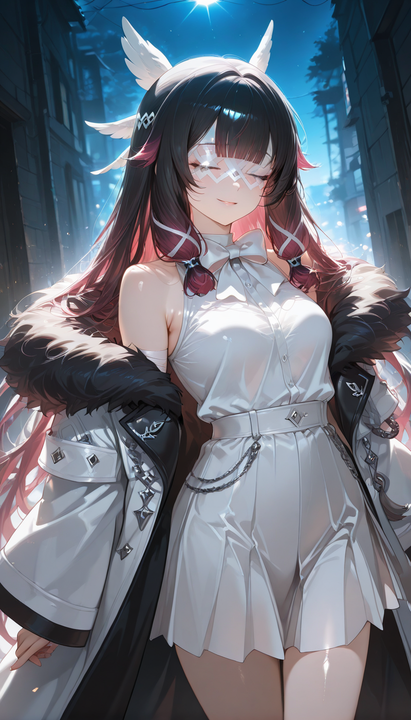 <lora:LCMTurboMix_Euler_A_fix:1> <lora:example_SDXL:0.3>, EZRealPONYXL, <lora:Dramatic Lighting Slider:3>
DSLR,realistic,cosplay photo, (very awa,masterpiece,best quality,year 2024,newest,absurdres,highres:1), realistic,skin texture,facial features, photography shot with Canon EOS 5D Mark IV , realistic, RAW, best quality, masterpiece, amazing quality, skin details,
1girl, highly detailed beautiful face, large natural breasts,
detailed background, shiny skin, dutch angle, night, moonlight,
beautiful detailed eyes, intricate details, absurdres, anime screencap,
 <lora:Columbina_Genshin_ILXL_kill0825:1>
GSColumbina, long hair, breasts, black hair, hair ornament, medium breasts, closed eyes, pink hair, purple hair, multicolored hair, sidelocks, red hair, small breasts, wings,  blunt bangs, two-tone hair, streaked hair, gradient hair, x hair ornament, head wings, tress ribbon, wing hair ornament, eye mask, white mask, hair ribbon, white ribbon, hair flaps, very long hair, 
long sleeves, bow, ribbon, bare shoulders, jacket, sleeveless, bowtie, off shoulder, coat, fur trim, white bow, white coat, fur-trimmed coat, white bowtie, shirt, sleeveless shirt, armpit crease, wrist bow, coat on shoulders, aiguillette, pleated skirt, bare legs, bandages, white shirt, white skirt, open coat, long coat, two-tone coat, wide sleeves, black fur trim, overfit coat,
cowboy shot, looking at viewer, smile, blush, dynamic pose,