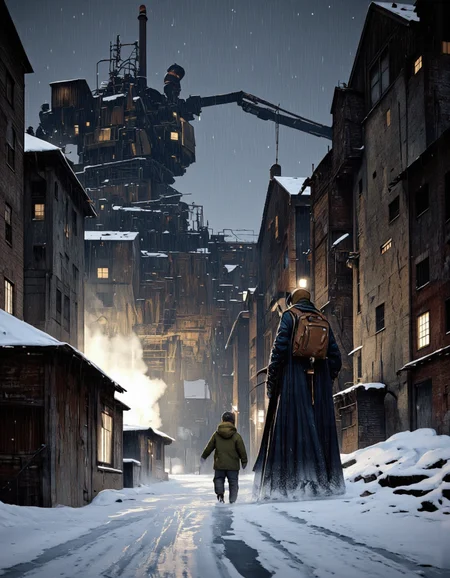 Art by Ronan Le Fur. A digital illustration shoot from the side about a snowy scene depicting a lone figure and a small child walking towards a large, dilapidated industrial structure at night. the scene is set in an industrial area with snow-covered buildings and structures, and the sky is filled with heavy rain. on the right side of the image, a large robot with a robotic arm and a backpack is walking towards the viewer. the robot is wearing a long, dark coat and a hat, while the small child, wearing a green jacket and brown pants, is walking ahead of the robot. the snowfall creates a sense of urgency and foreboding, adding to the sense of tension in the scene. the overall atmosphere is cold and desolate, with a focus on the action of the two figures.