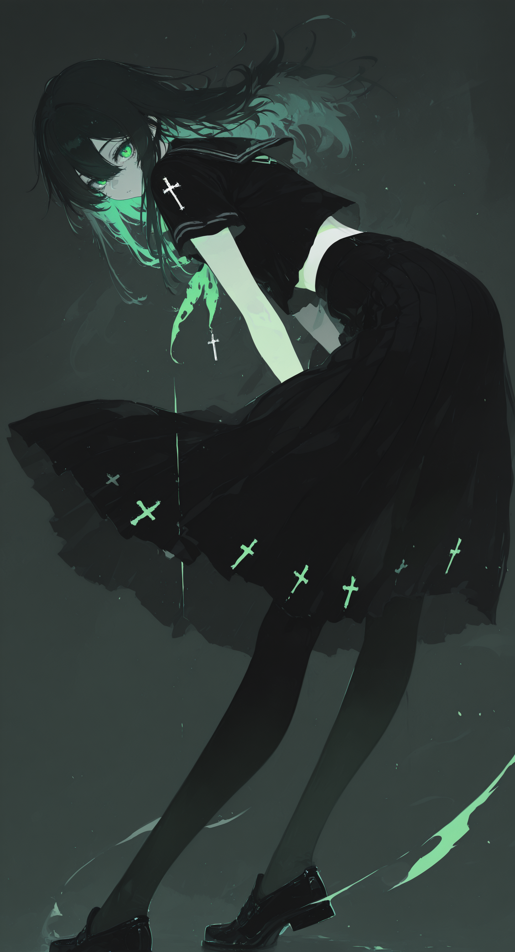 masterpiece, best quality, good quality, very awa, newest, highres, absurdres, 1girl, solo, long hair, looking at viewer, shirt, skirt, black hair, hair between eyes, green eyes, school uniform, full body, short sleeves, pantyhose, green hair, shoes, serafuku, midriff, black skirt, black footwear, black shirt, black pantyhose, leaning forward, cross, long skirt, black serafuku,wind, limited palette, h4ra_illu <lora:illustriousXL_stabilizer_v1.23:0.3> <lora:NOOB_vp1_detailer_by_volnovik_v1:0.3> <lora:ponyv6_noobE11_2_adamW-000017:0.3> <lora:114558v4df2fsdf5:0.6> <lora:XXX667:0.4> <lora:mon_monmon2133:0.5> <lora:hara_id_21:0.6>