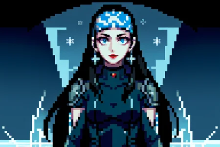 highly insanely detailed, masterpiece, top quality, best quality, highres, 4k, 8k, RAW photo, (very aesthetic, beautiful and aesthetic),
beth_\(megami_tensei\),bethsmtii,shin megami tensei ii,long hair,black hair,straight hair,sleek black,jewelry,cross,headband,red_lipstick,Tokyo_Millennium,post-apocalyptic_city,dystopian_world,Millennium_News_Network,City_news,propaganda_broadcasts,information_contro,
<lora:zs_Beth:0.6>,
(1girl:1.3), 1other,
(beautiful detailed glow,beautiful detailed ice,beautiful detailed water,snowflake),âââ