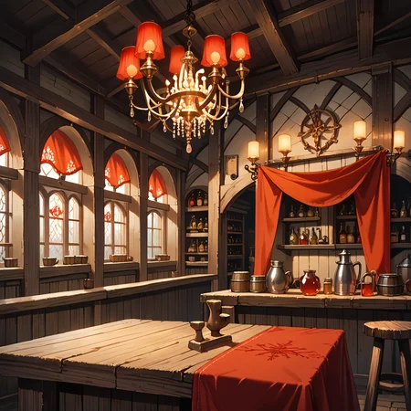 score_9, score_8_up, score_7_up,source_anime, <lora:Vintage Bar:0.7> vinbmf, scenery, vintage, medieval, wooden tables, tavern, counter, red lamps, dark, red tapestry, small chandelier