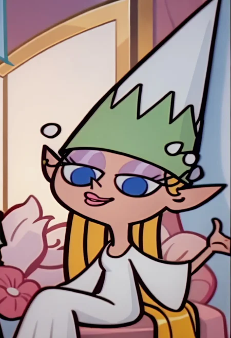 score_9, score_8_up, score_7_up BREAK QueenDD, 1girl, blonde hair, blue eyes, purple eyeshadow, pink lipstick, long-sleeved cleavaged white dress, white boots, green white princess cone hat, screenshot, official art, parody, cartoon footage, official design, screencap, cartoon screenshot, official screenshot, 2d, on model, full body, smiling at viewer,