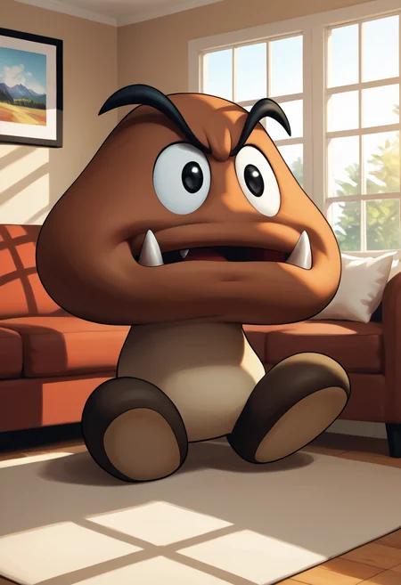 score_9, score_8_up, score_8, <lora:Request_Goomba_Super_Mario_Brothers_for_PonyXL:0.8> g00mb4, solo, black eyes, fangs, open mouth
sitting on couch, living room, window,
