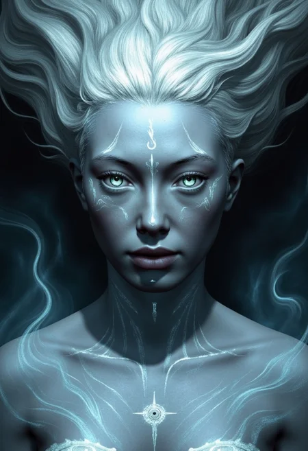 (in Boris Vallejo style:1.4), (masterpiece:1.2) A mysterious female entity with skin like moonlit marble stares forward, her piercing, silver-flecked eyes framed by long, dark lashes that add intensity to her gaze. Her face is flawless, with sharp cheekbones and full, slightly parted lips that shimmer with a soft, otherworldly light. Ethereal symbols, glowing faintly, curve across her forehead and temples, suggesting ancient magic. Flowing, silver hair surrounds her, blending with a nebula-like aura that radiates a gentle, silvery-blue light. Soft wisps of mist curl around her shoulders, accentuating her enigmatic presence. (hyperdetailed facial symbols and glowing aura:1.1), (intricate eye reflection and misty aura:1.1), (Refined mystical atmosphere:1.1), (best quality:1.1), (high resolution:1.2)