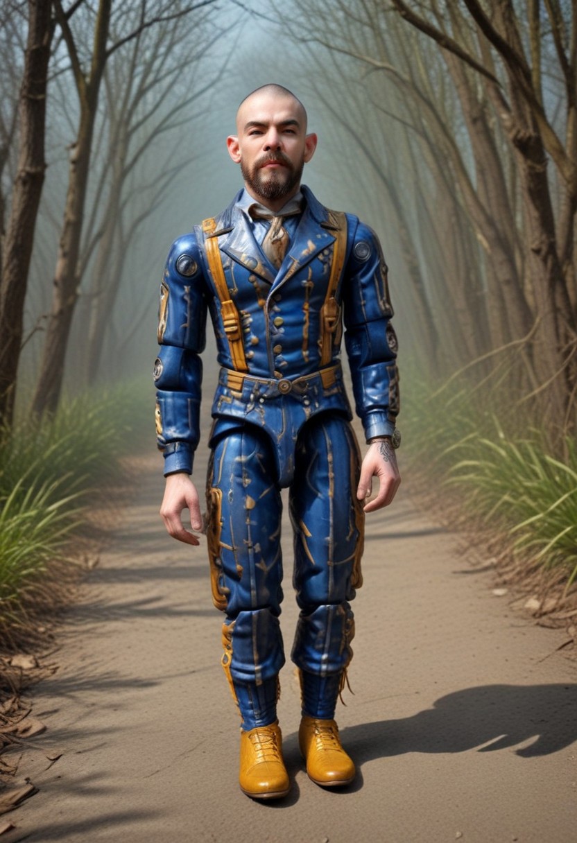 reality-shot, realism, realistic photography of a very detailed awesome shaved head young man and beard Finely detailed, electric yellow eyes, sneakers boots, elegant blue pinstripe suit, looking at viewer, solo, headwear removed, suspenders, walking, long sleeves, realistic, portrait, magical landscape with enchanted elements, fantasy art style, fantasy theme, intricate details, ultra sharp, exquisite detail, flawless composition, vivid colors, masterpiece, exciting background