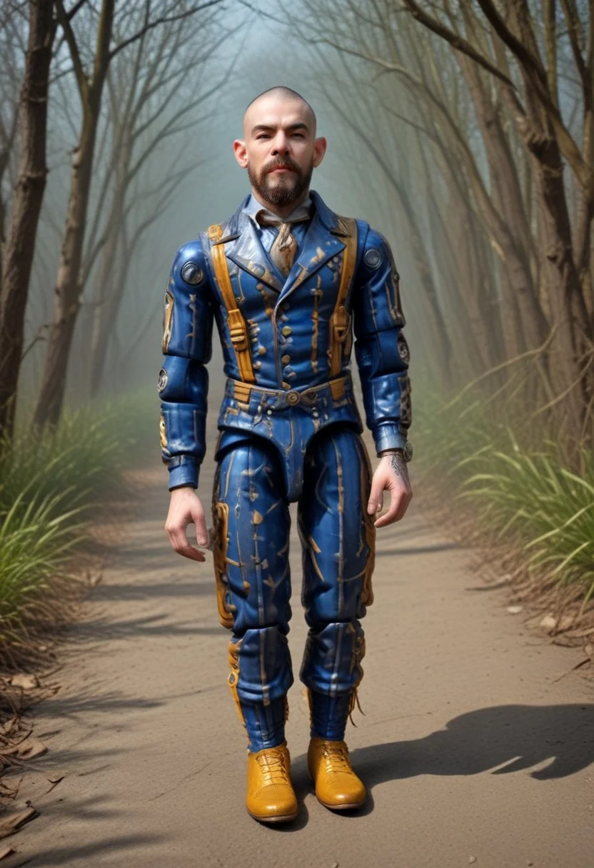 reality-shot, realism, realistic photography of a very detailed awesome shaved head young man and beard Finely detailed, electric yellow eyes, sneakers boots, elegant blue pinstripe suit, looking at viewer, solo, headwear removed, suspenders, walking, long sleeves, realistic, portrait, magical landscape with enchanted elements, fantasy art style, fantasy theme, intricate details, ultra sharp, exquisite detail, flawless composition, vivid colors, masterpiece, exciting background