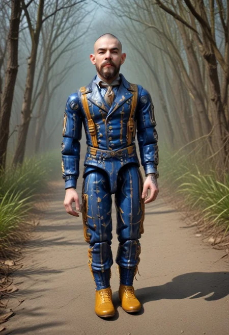 reality-shot, realism, realistic photography of a very detailed awesome shaved head young man and beard Finely detailed, electric yellow eyes, sneakers boots, elegant blue pinstripe suit, looking at viewer, solo, headwear removed, suspenders, walking, long sleeves, realistic, portrait, magical landscape with enchanted elements, fantasy art style, fantasy theme, intricate details, ultra sharp, exquisite detail, flawless composition, vivid colors, masterpiece, exciting background