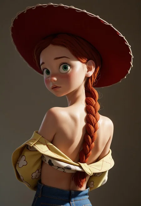 score_9, score_8_up, score_7_up, score_6_up, score_5_up, score_4_up, 1girl, Jes_sie, back facing viewer, undressing, looking back at viewer, blushing, red hair, hat, plastic skin, fairy sized, bare back, braid