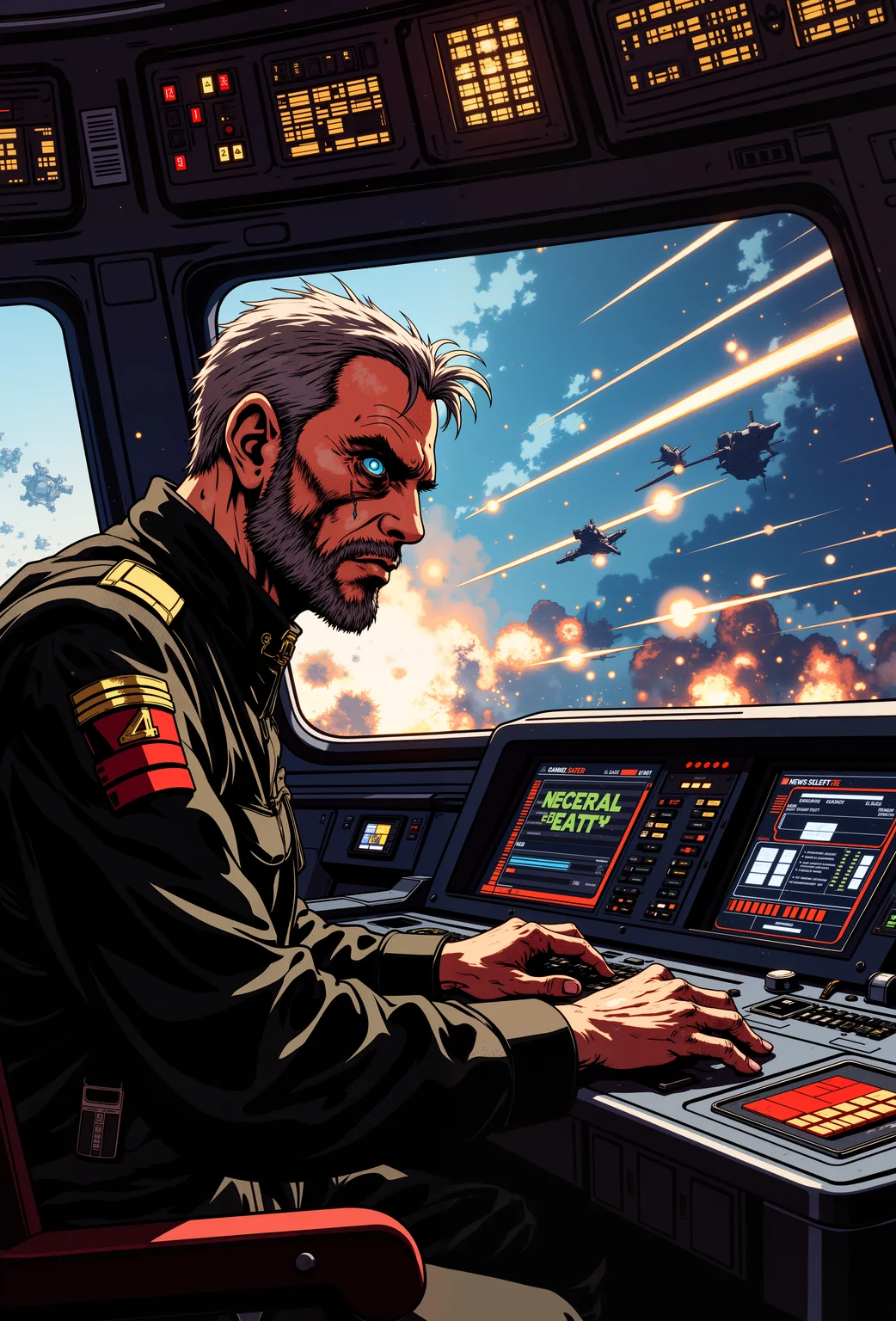 ne0nfant4sy, A grizzled starship captain, his leathery tan skin marked with years of interstellar warfare, grips the control console of his massive battlecruiser. His left eye, replaced by a holographic display, flickers as he analyzes the tactical readouts on the screen before him. His short, salt-and-pepper hair is damp with sweat, and a small scar runs down the side of his face, just past his jawline. The dark, sleek interior of the ship hums with the low vibration of its massive engines, and the flickering glow of control panels illuminates the lines of stress on his weathered face. Through the massive viewport, a star battle rages, laser blasts and explosions reflecting in his one good eye. His uniform, a black and silver jumpsuit, is tattered at the edges, showing signs of recent conflict. His hands are steady as they move across the console, despite the chaos outside, guiding the ship through the heat of battle. The stars themselves seem to ripple with the intensity of the fight, and his expression is one of grim determination, a captain whoâs seen it all but refuses to back down.<lora:RetroAnimeFluxV1:0.5><lora:NeonFantasyFLUX:0.3>