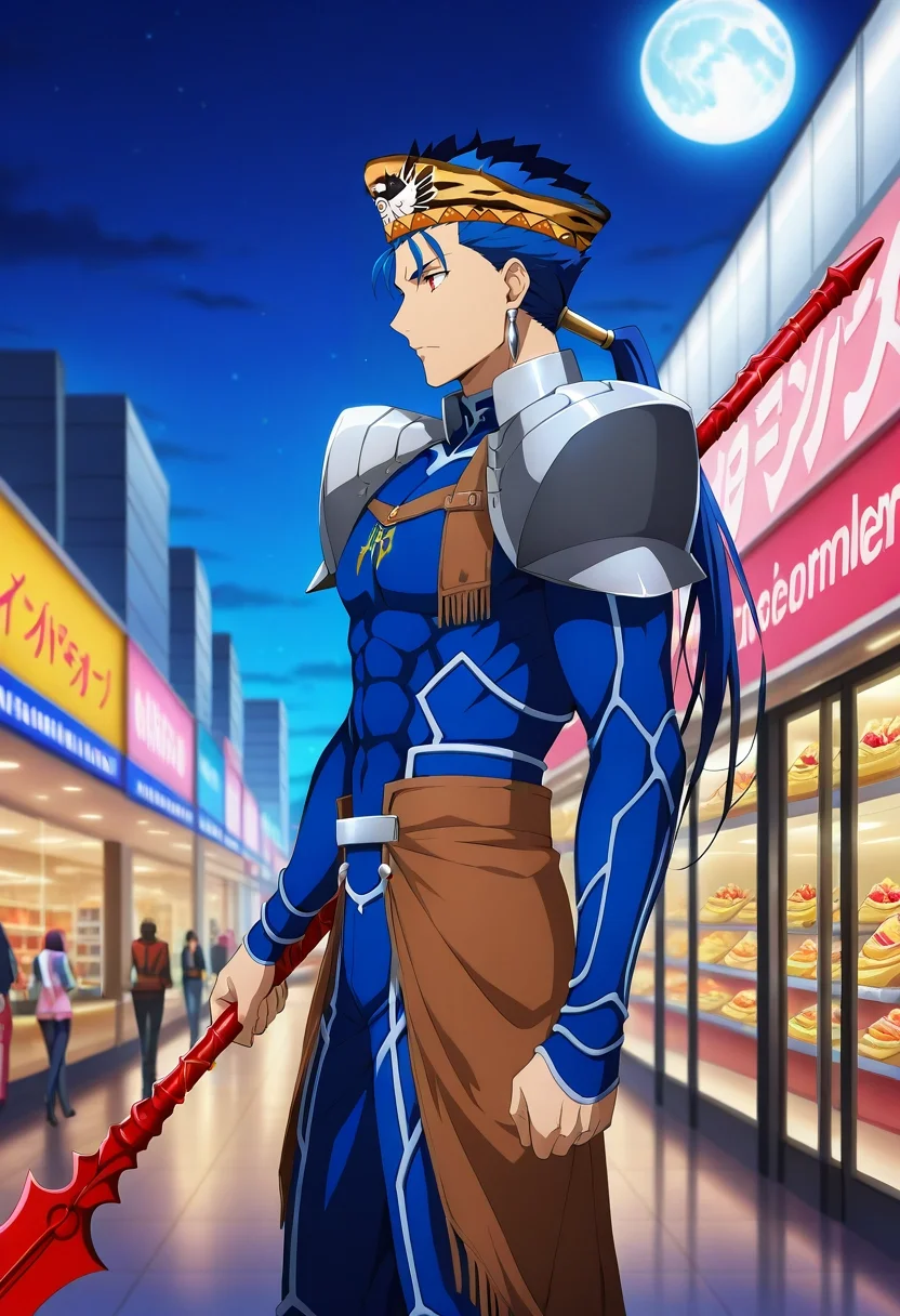 masterpiece, best quality, , anime screencap, anime coloring, official style, , 1boy, solo, male focus, <lora:lancer_fsn_ilxl:0.92>, lancer_fsn, cu chulainn \(fate\), blue hair, red eyes, long hair, ponytail, spiked hair, earrings, jewelry, armor, shoulder armor, pauldrons, weapon, polearm, spear, holding, holding weapon, holding polearm, from side, shopping mall, stores, signs, night, full moon, holding weapon, expressionless, Crepe Animal print Running shorts, MidnightBlack Aztec Western shirt, , Greek fisherman's cap,