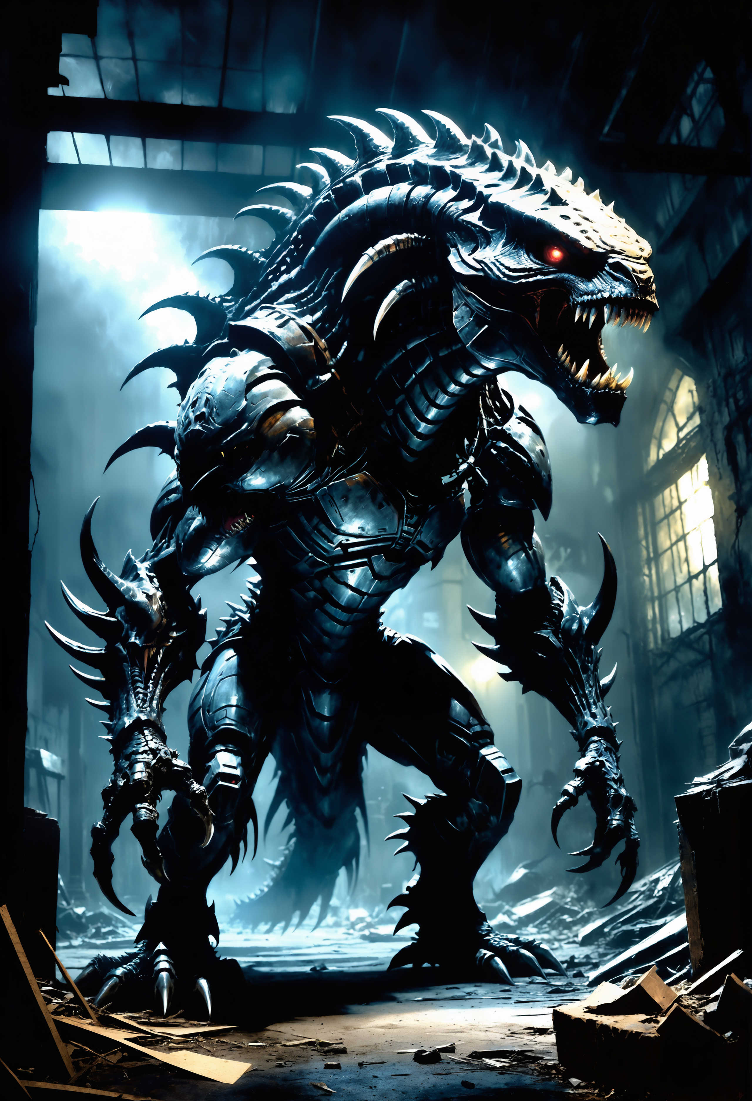 A charcoal sketch of a malevolent predator, its monstrous form gleaming beneath the light at night as shadowy figures roam across abandoned buildings in dimly lit areas. Drawing from both horror fiction and fantasy creatures like Joss Whedon's 'The Avengers,' this <lora:Wizz:0.69>, 2000s vintage RAW photo, photorealistic, film grain, candid camera, color graded cinematic, eye catchlights, atmospheric lighting, natural, shallow dof, High level of detail to create a photographic-like image, focusing on lighting, realistic textures, hyperdetailed.