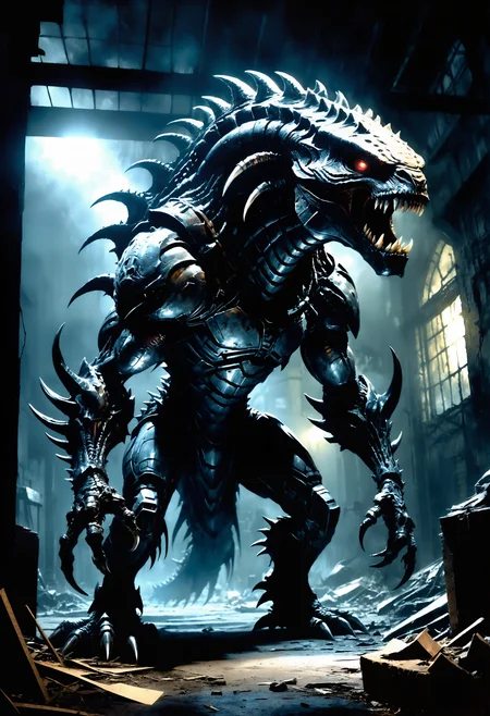 A charcoal sketch of a malevolent predator, its monstrous form gleaming beneath the light at night as shadowy figures roam across abandoned buildings in dimly lit areas. Drawing from both horror fiction and fantasy creatures like Joss Whedon's 'The Avengers,' this <lora:Wizz:0.69>, 2000s vintage RAW photo, photorealistic, film grain, candid camera, color graded cinematic, eye catchlights, atmospheric lighting, natural, shallow dof, High level of detail to create a photographic-like image, focusing on lighting, realistic textures, hyperdetailed.