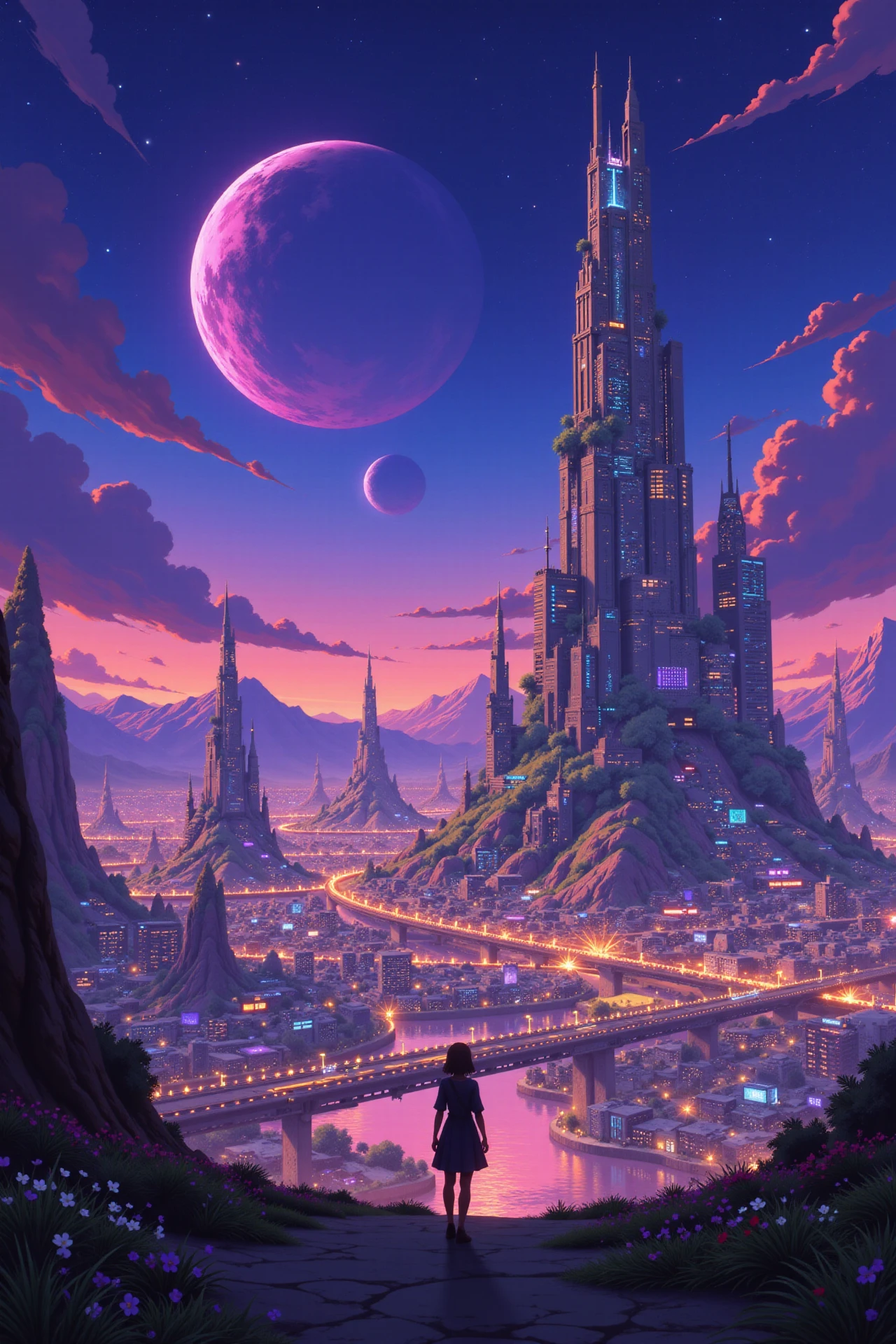 a futuristic high-tech city on an unknown planet beautiful anime landscape, evening, woman, very intricate, very detailed, sharp, bright, colorful, <lora:Hand v2:0.5> <lora:Anti-Blur:1><lora:Insane Detail Slider:0.25>  <lora:flux.1_lora_flyway_Epic-detail_v2:0.3> <lora:fluxenhancer:0.25> <lora:ROWER:0.6> <lora:flux-charmer-v1-1:0.4> <lora:Cute hand-drawn illustrations:1> OBqpsh