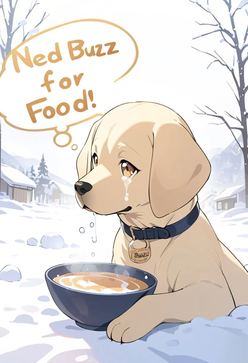Masterpiece, crying, solo, golden Labrador, empty bowl, snow,
BREAK thought bubble with ((text: "need buzz for food")),