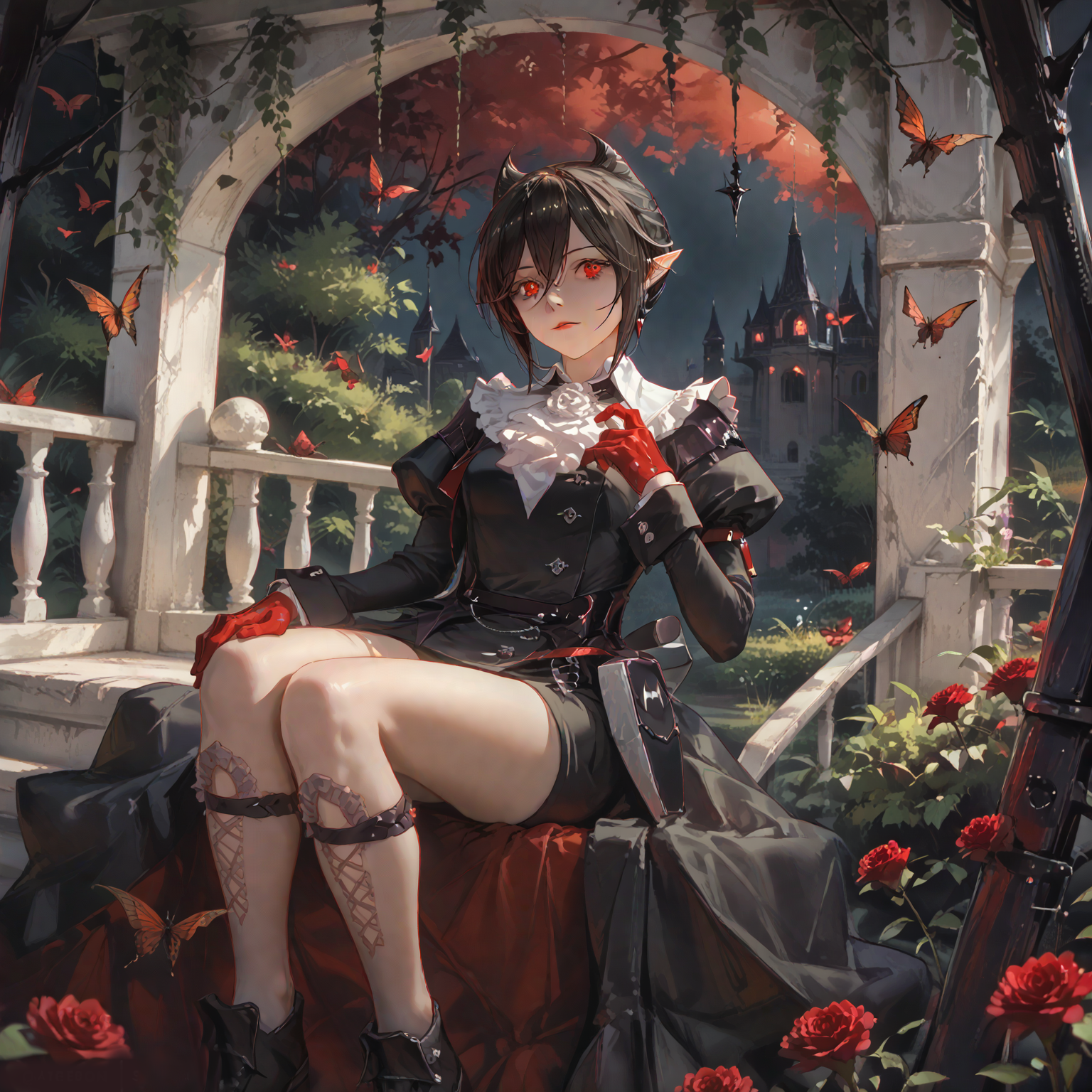 ray tracing, entelechia \(arknights\) with red eyes, pointy ears, black hair, gloves, red gloves, bat (animal), portrait, vampire, black star-shaped pupils, 1girl, solo,, balcony, score_9, score_8_up, score_7_up, masterwork, masterpiece, best quality, realistic, ambient occlusion, depth of field, full body, (((dynamic angle))), realistic painted face, painterly, vibrant colours, in lush style, extremely detailed eyes BREAK roses, butterfly, , BREAK fantasy, , , , baseboards, reclining, night, noir lighting, soft light,