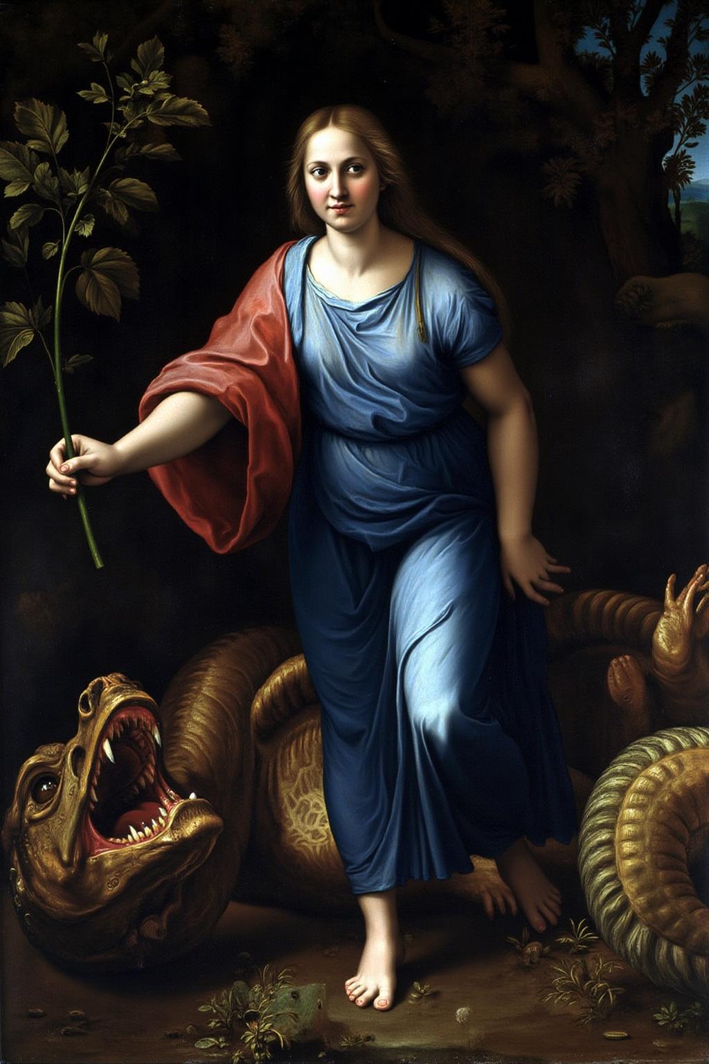 raphael1 painting.
A woman dressed in flowing blue and red garments, standing barefoot on the wing of a dead dragon. She holds a green branch in her right hand.
In the bottom left corner is the head of a dead dragon with its mouth open, revealing sharp teeth.
 <lora:raphael1_cap_d6a3:1.0><lora:843601744098489427:0>