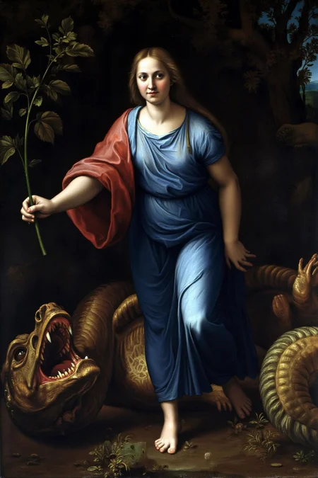 raphael1 painting.
A woman dressed in flowing blue and red garments, standing barefoot on the wing of a dead dragon. She holds a green branch in her right hand.
In the bottom left corner is the head of a dead dragon with its mouth open, revealing sharp teeth.
<lora:raphael1_cap_d6a3:1.0><lora:843601744098489427:0>