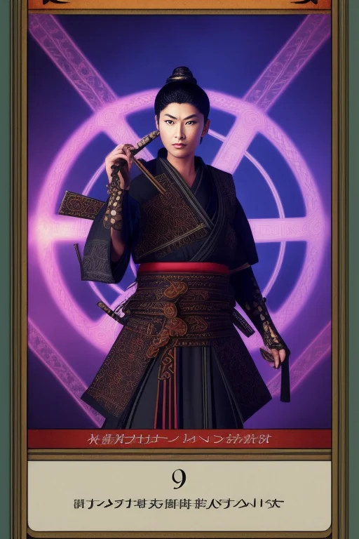 tarot card, samurai, asian,portrait, trading card, virtual, celtic, futuristic, punk, victorian, rim lighting, duskypie, lisdusk1,seconddusk