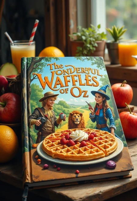 the book "The Wonderful Waffles of Oz" on a table with a detailed cover image featuring a delicous waffles on dish with a cute scarecrow boy,a cute robot, a cute lion,and a wizard girl around, the text "The Wonderful Waffles of Oz" with colorful font on top,exquisite and gorgeous painting style, oil painting style cover, the book on kitchen table,many fruit and drink on table around,fantasy fictional style screen,