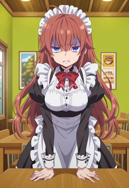 anime screencap, anime coloring, anime colored background, detailed background, detailed face, shiny skin, shiny hair, absurdes, highres, dynamic pose, masterpiece, best quality, official art, cel shaded, graphic illustration, digital painting, CGI, very detailed, amazing quality, intricate details, dynamic pose, HDR, UHD, 8K, Fineline illustration, Highly detailed, ultra-fine painting, sharp focus, Professional, Vivid Colors
BREAK
<lora:Sutea_Koroya:1>, Sutea Koroya, 1girl, solo, long hair, brown hair, hair between eyes, bangs, hair down, sidelocks, ahoge, blue eyes, medium breasts, maid headdress, red bowtie, white maid apron, puffy sleeves, standing in front of table, looking at viewer, disgust, shaded face
BREAK
inside, school maid cafe, daytime, <lora:hand 5.5:1> <lora:DetailedEyes_V3:1> <lora:add-detail-xl:1>