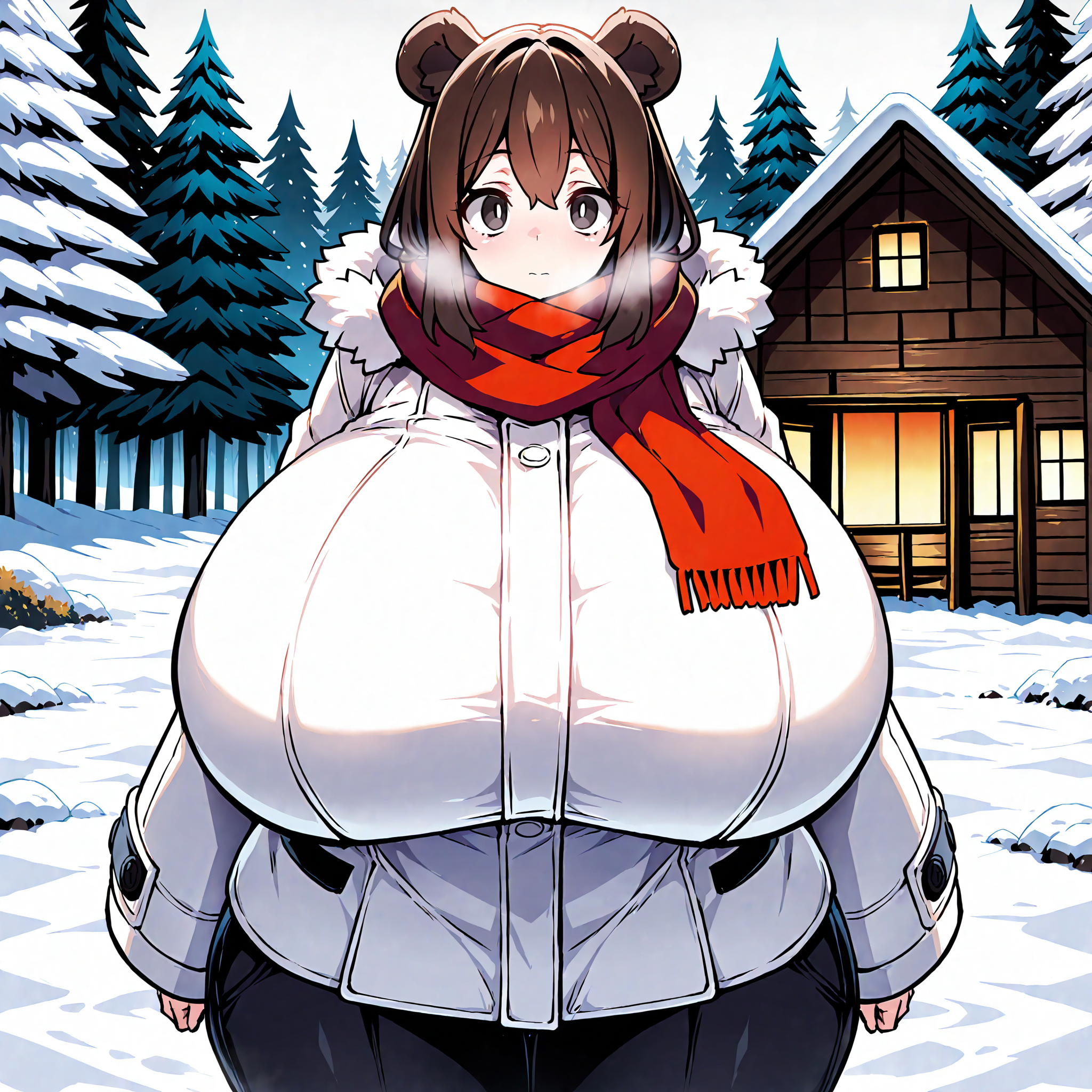 (masterpiece), best quality, (highly detailed), 1female, solo, <lora:Lazy_Ant_style_Illustrious:0.8>, bear ears, brown hair, black eyes, gigantic breasts, wide hips, white winter coat, pants, fitting clothes, forest, snow, cabin, red scarf, looking at viewer, blank expression,