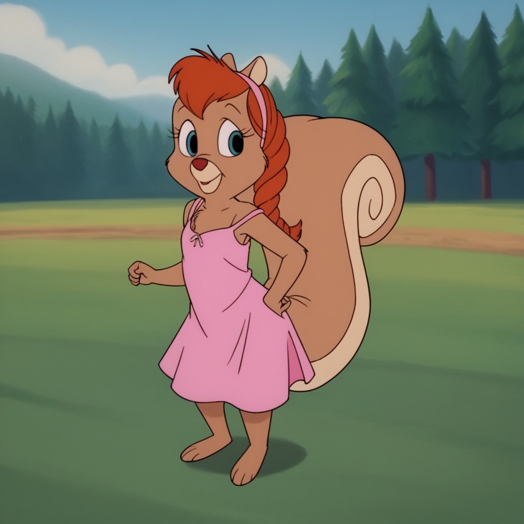 score_9, score_8_up, score_7_up, score_6_up, score_5_up, score_4_up, source_furry,  tammysqrrlv2, semi-anthro, female, squirrel, brown fur, red hair, blue eyes, solo,  pink headband,  meadow, sundress, strap slip ,