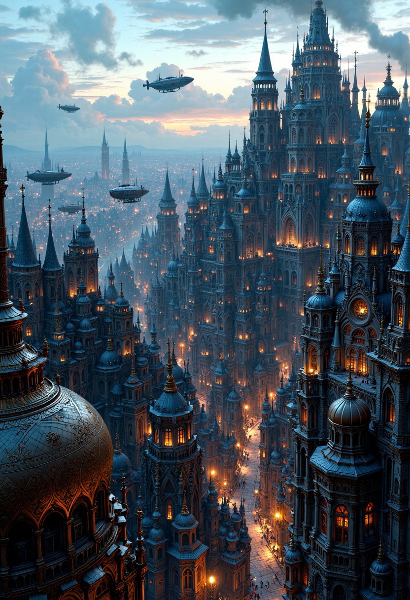 depicting a sprawling, fantastical cityscape with a steampunk aesthetic. The layout is a wide panoramic view showcasing a dense array of intricately designed buildings with pointed spires, domes, and elaborate architectural details. The structures are predominantly dark with hints of blue and bronze, creating a moody atmosphere. In the sky, several airships float among the clouds, adding to the steampunk theme. The city is bathed in a soft, diffused light, suggesting either dawn or dusk, with a warm glow emanating from windows and streetlights. Smoke rises from chimneys, contributing to the industrial feel. The foreground features a large, ornate dome with intricate patterns, while the background reveals a vast city stretching into the distance, with towering buildings silhouetted against the sky. The overall scene is rich in detail, evoking a sense of wonder and adventure.