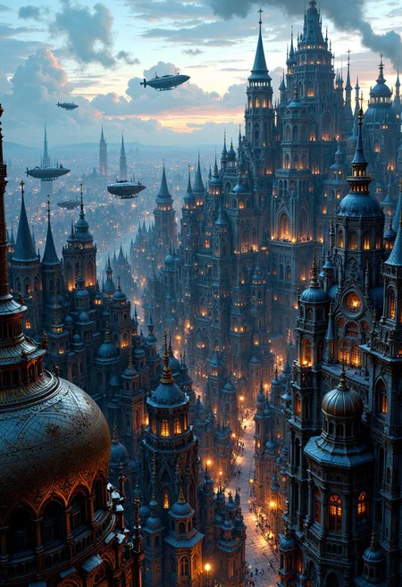depicting a sprawling, fantastical cityscape with a steampunk aesthetic. The layout is a wide panoramic view showcasing a dense array of intricately designed buildings with pointed spires, domes, and elaborate architectural details. The structures are predominantly dark with hints of blue and bronze, creating a moody atmosphere. In the sky, several airships float among the clouds, adding to the steampunk theme. The city is bathed in a soft, diffused light, suggesting either dawn or dusk, with a warm glow emanating from windows and streetlights. Smoke rises from chimneys, contributing to the industrial feel. The foreground features a large, ornate dome with intricate patterns, while the background reveals a vast city stretching into the distance, with towering buildings silhouetted against the sky. The overall scene is rich in detail, evoking a sense of wonder and adventure.
