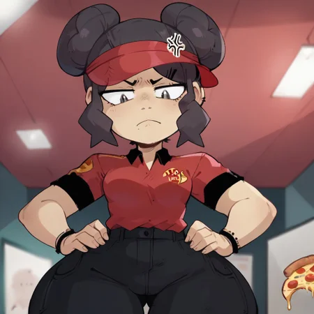 score_9, score_7_up, detailed face, perfect face, detailed eyes, masterpiece, best quality, amazing quality, very aesthetic, 1girl, solo, Boss (Pizza Thot), Shortstack, Small Breasts, Double Bun, black eyes, black pants,red shirt, jewellery,visor cap, thick thighs, from below, looking down, anger, hands on hips, cowboy shot, blurry background, pizza parlor, depth of field
