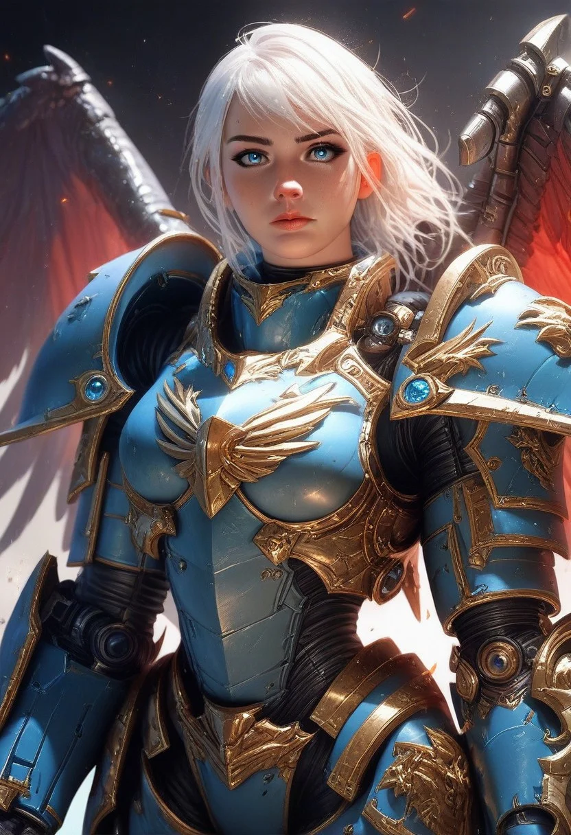 score_9, score_8_up, score_7_up, score_6_up, score_5_up, score_4_up,<lora:Fant5yP0ny:0.8>, 1girl, armor, weapon, wings, solo, shoulder armor, blue eyes, pauldrons, white hair, looking at viewer, power armor