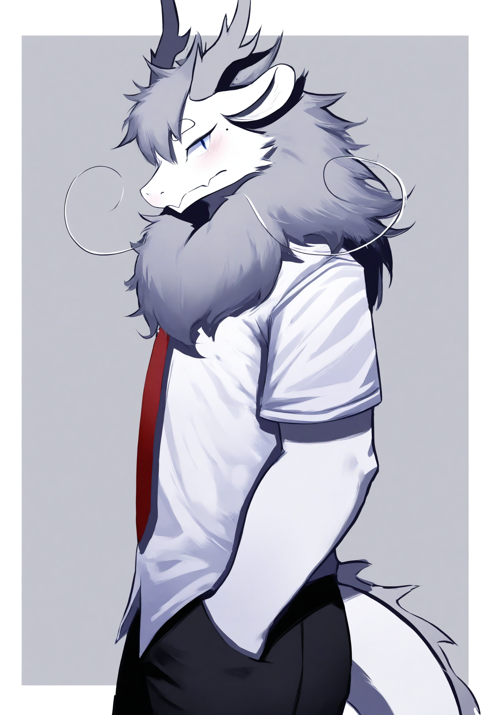 1boy, male focus, (feiren zai:1.1), 
from side, looking to the side, furry male, solo, grey background, simple background, looking at viewer, blush, horns, tail, dragon horns, dragon tail, long tail, blue eyes, grey hair, pants, shirt, black pants, white shirt, necktie, furry, dragon boy, hand in pocket, border, neck fur, ao lie, short sleeves, red necktie, collared shirt, outside border, body fur, snout, t-shirt, white border, closed mouth, animal nose, long hair,
masterpiece, best quality
 <lora:AoLie(FeirenZai)-NoobXLv1.1-000090:1>