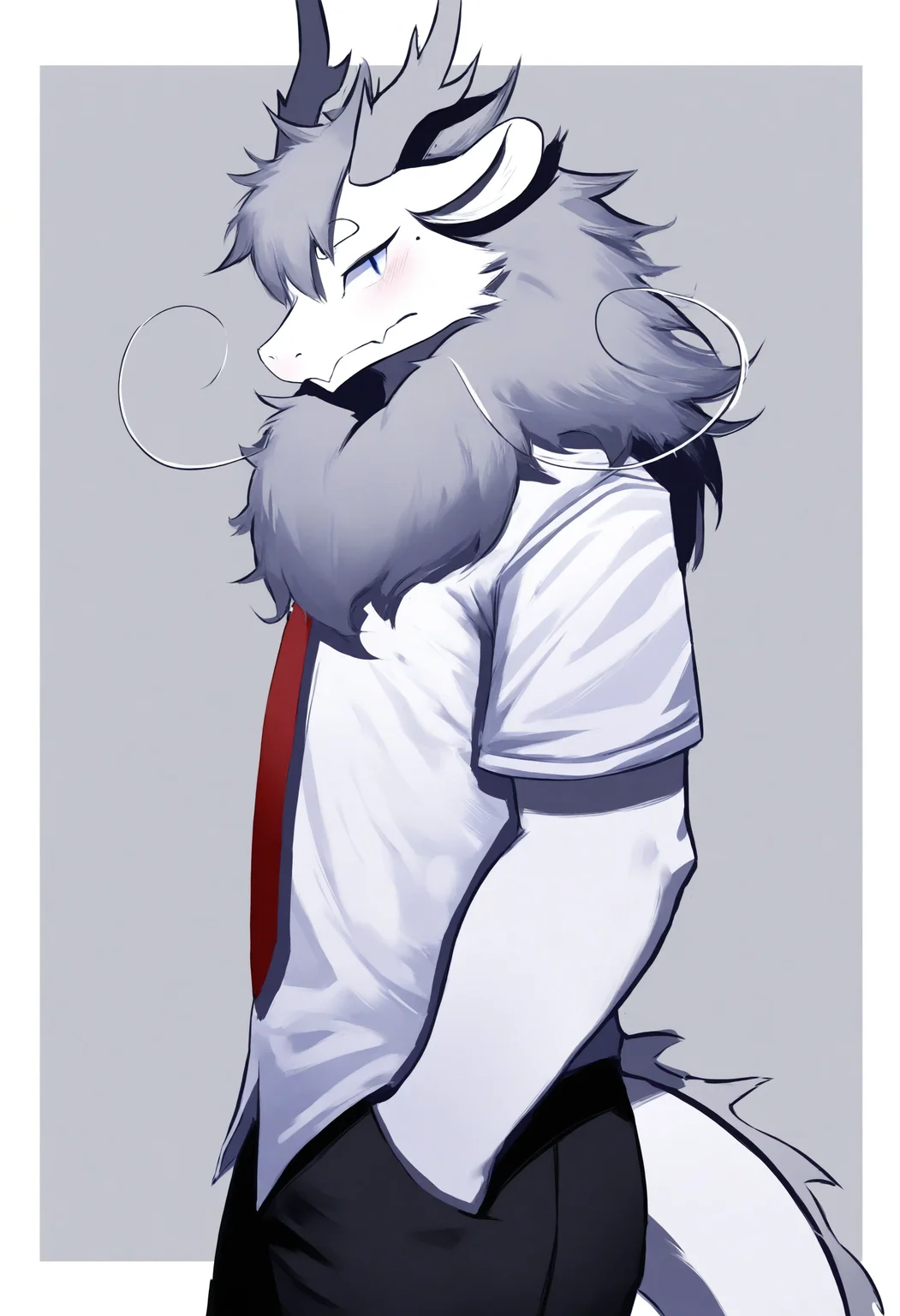 1boy, male focus, (feiren zai:1.1),
from side, looking to the side, furry male, solo, grey background, simple background, looking at viewer, blush, horns, tail, dragon horns, dragon tail, long tail, blue eyes, grey hair, pants, shirt, black pants, white shirt, necktie, furry, dragon boy, hand in pocket, border, neck fur, ao lie, short sleeves, red necktie, collared shirt, outside border, body fur, snout, t-shirt, white border, closed mouth, animal nose, long hair,
masterpiece, best quality
<lora:AoLie(FeirenZai)-NoobXLv1.1-000090:1>