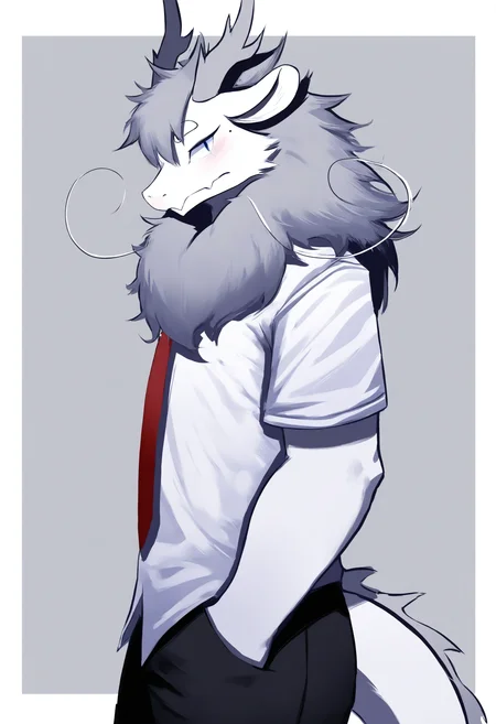 1boy, male focus, (feiren zai:1.1),
from side, looking to the side, furry male, solo, grey background, simple background, looking at viewer, blush, horns, tail, dragon horns, dragon tail, long tail, blue eyes, grey hair, pants, shirt, black pants, white shirt, necktie, furry, dragon boy, hand in pocket, border, neck fur, ao lie, short sleeves, red necktie, collared shirt, outside border, body fur, snout, t-shirt, white border, closed mouth, animal nose, long hair,
masterpiece, best quality
<lora:AoLie(FeirenZai)-NoobXLv1.1-000090:1>