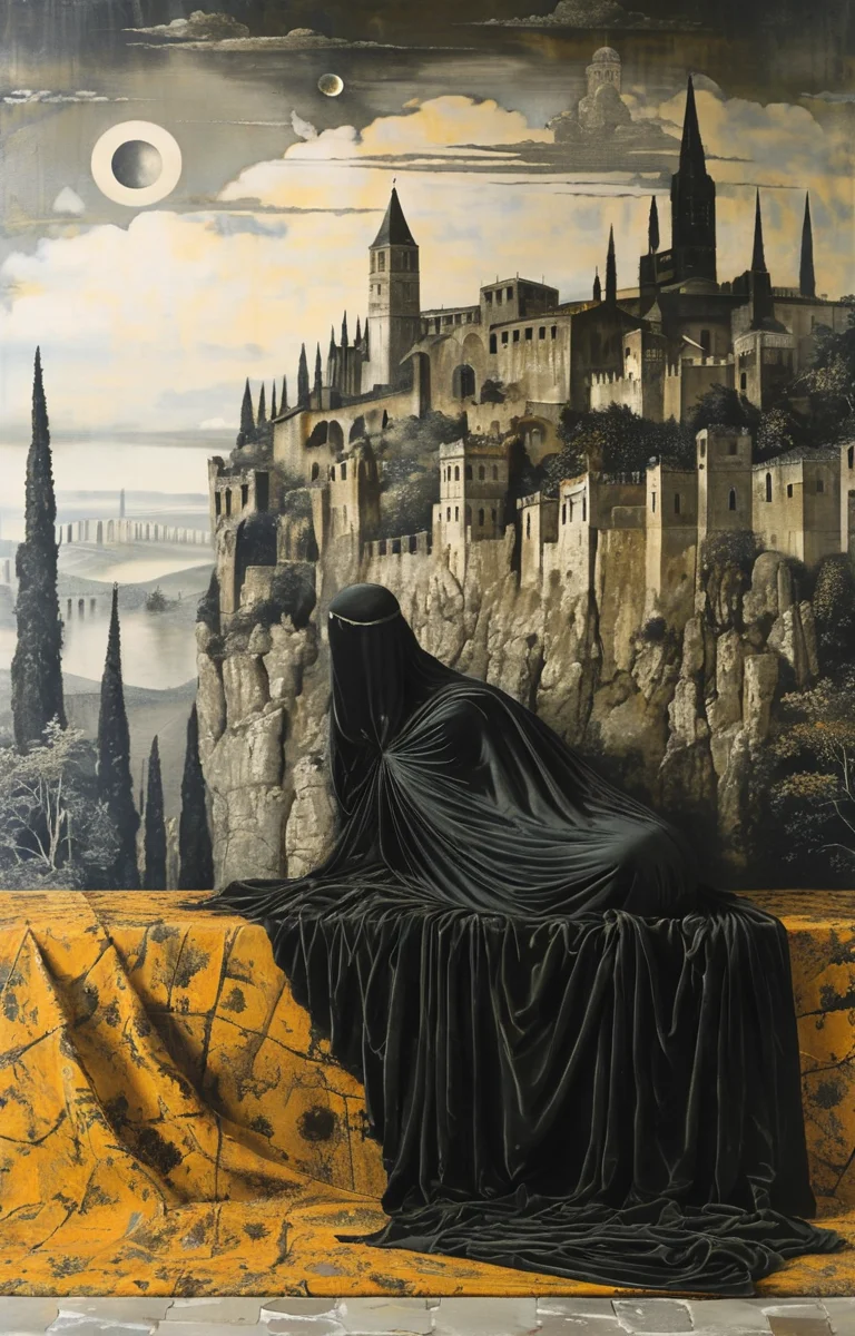 masterpiece,best quality,<lora:tbh150-sdxl:0.9>,style of Piero Fornasetti, Nazgul over sleeping town