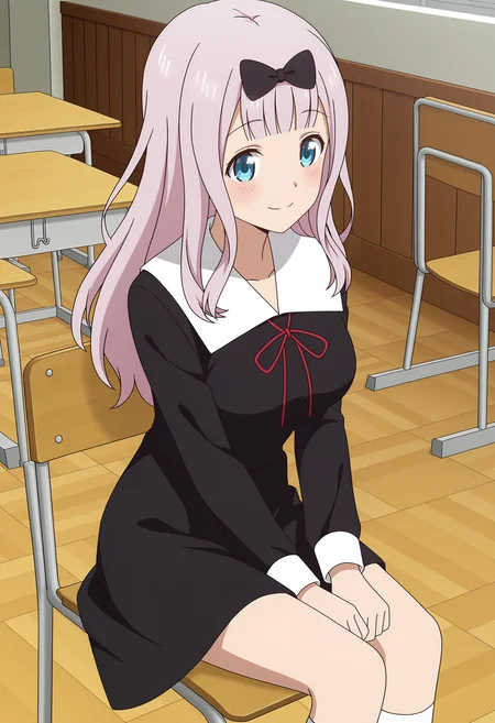 <lora:Chika FUJIWARA_illustrious-000012:1>,
Chika FUJIWARA, solo, bow, black bow, sitting, school uniform, chair, smile, dress, black dress, breasts, red ribbon, desk, indoors, socks, long sleeves, ribbon, on chair, white socks, closed mouth, blush, school desk, collared dress, neck ribbon, kneehighs, medium breasts, school chair, anime screencap