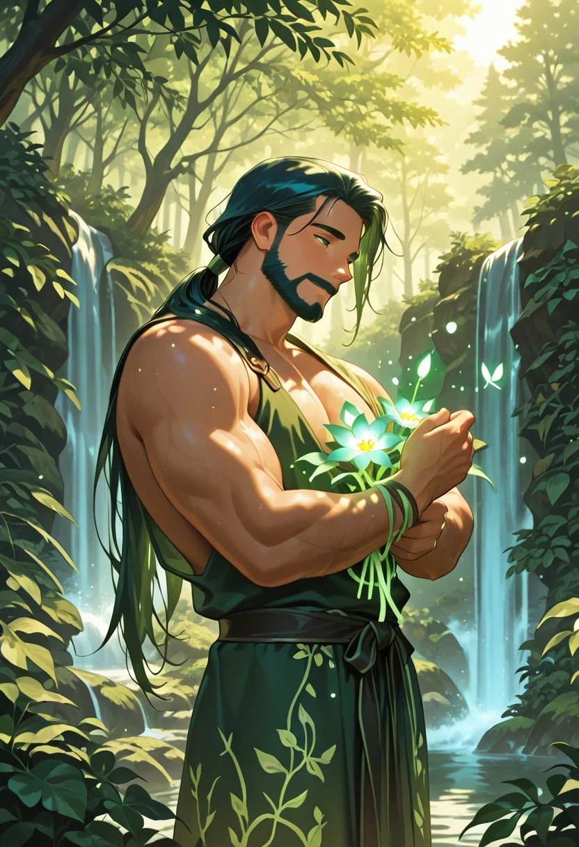 (masterpiece), best quality, 1boy, mbti_enfj, mature man, muscle man, green eyes, black-tied hair, facial hair, ancient forest, magical grove, glowing flora, serene expression, peaceful stance, sun dappled leaves, ethereal mist, ancient trees, flowing waterfall, nature's embrace, calm demeanor, wise gaze, natural light, lush greenery, bioluminescence, soft focus
