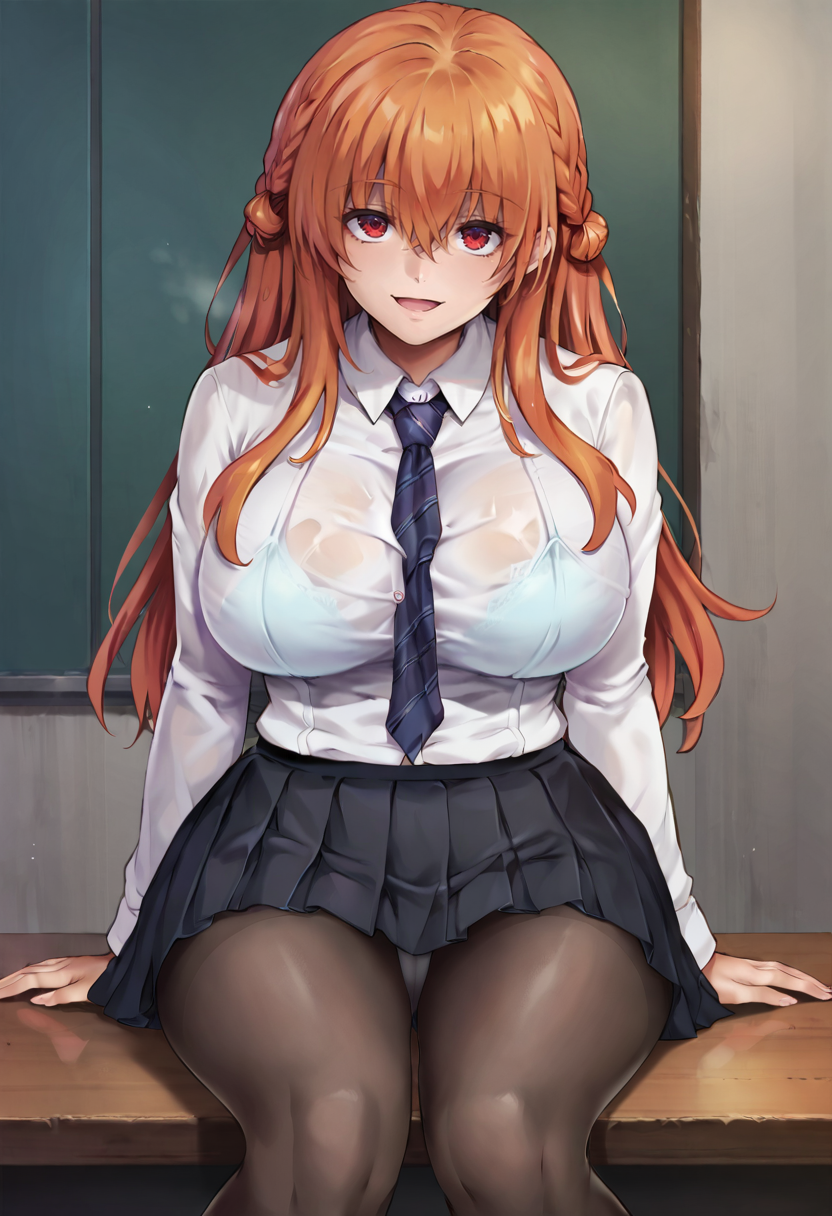 score_9, score_7_up,  1girl, 
huge breasts, wide hips, thick thighs, panties under pantyhose, smile, necktie between breasts, pantyhose, pleated skirt, striped necktie, skirt, school uniform, red eyes, black skirt, long hair, solo, panties, curvy, looking at viewer, miniskirt, open mouth, shirt tucked in, hairpods, white shirt, orange hair, arm support, shirt, thighs, underwear, necktie, sitting, breasts, dress shirt, between breasts
 <lora:cyclone_(reizei)-Style-PonyXL-GLoRA-000045:1>