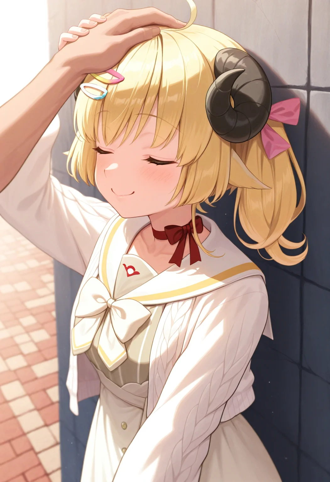 masterpiece, best quality, 1girl, solo, WtmCasual, horns, blonde hair, ahoge, side ponytail, short hair, two-tone hairclip, yellow hairclip, pink hairclip, vertical-striped dress, grey dress, white skirt, high-waist skirt, white sailor collar, red choker, white bow, white cardigan, headpat, pov hands, eyes closed, blush, smile, smug, outdoors, <lora:ChamTsunomakiWatameIllustriousXL:1>, <lora:ChamIllustriousBackgroundEnhancer:1>