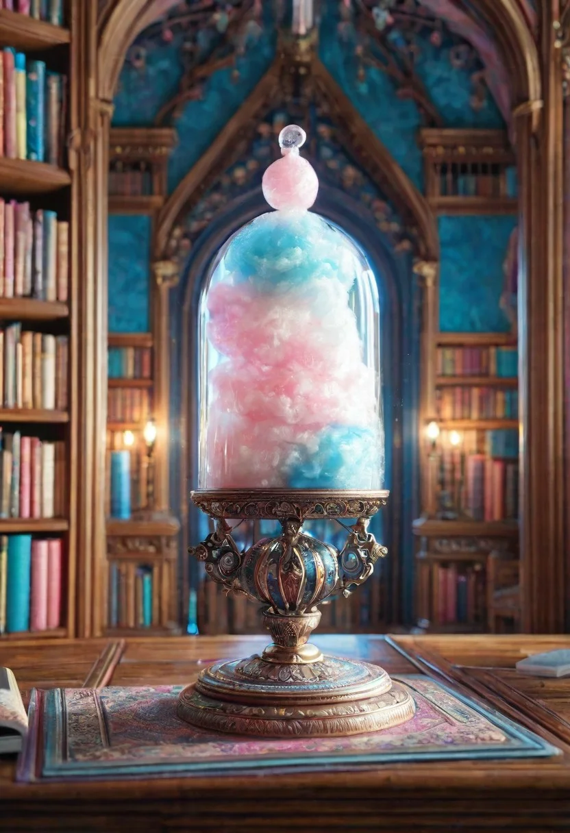 masterpiece, best quality, high resolution, absurdres, ultra-detailed, intricate details, ultra detailed, 8k, highly detailed, very aesthetic, professional 4k, Canon 5d mark 4, extremely detailed, very_detailed, high_detail, sharp focus, clean lines, perfect anatomy, realistic style,
cottoncandy book,
fantasy castle interior, library,
film grain, cinematic, colorful, moody lighting, natural light, soft light, depth of field, bokeh, light particles, backlight, chiaroscuro, refraction, subsurface scattering