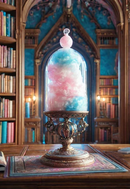 masterpiece, best quality, high resolution, absurdres, ultra-detailed, intricate details, ultra detailed, 8k, highly detailed, very aesthetic, professional 4k, Canon 5d mark 4, extremely detailed, very_detailed, high_detail, sharp focus, clean lines, perfect anatomy, realistic style,
cottoncandy book,
fantasy castle interior, library,
film grain, cinematic, colorful, moody lighting, natural light, soft light, depth of field, bokeh, light particles, backlight, chiaroscuro, refraction, subsurface scattering