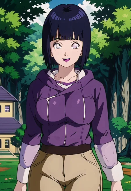 score_9, score_8_up, score_7_up, source_anime,anime screencap,anime coloring,intricate details,masterpiece,
uncensored,
mature female,
hinata, black hair, 1girl, short hair, large breasts, bangs, blunt bangs,white eyes,no pupils, large breasts,
hoodie,long sleeves,jacket,purple jacket,hood down,layered sleeves,short over long sleeves,white shirt,beige shorts,
open mouth,
smile,looking at viewer,
perfect anatomy,
scenery,outdoors, east asian architecture, forest,
<lora:Hinata Boruto:0.9> retro artstyle, 90s dbz style, style dragon ball girl,