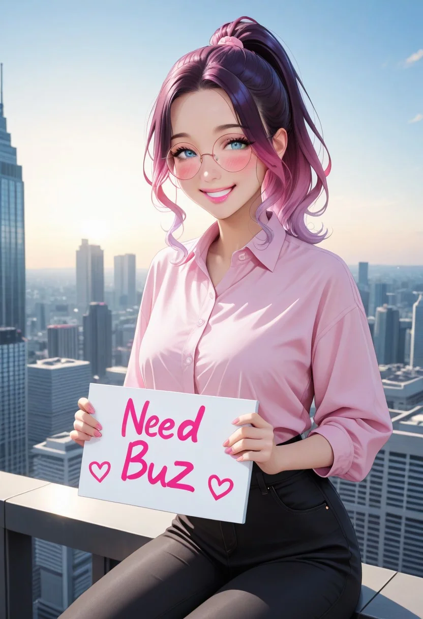 Expressiveh, ultra-detailed, 8K, half realistic, natural light, detailed face, detailed hair, sunny sky, (need_buzz:1.2), holding sign, 1girl, kawaii, cute face, round glasses, (gradient hair,multicolored hair, purple-pink hair, ponytail), cute makeup, pink lipstick, blue eyes, beautiful face, formal shirt and pants, blushing, smiling, sitting on skyscraper, side